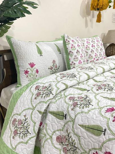 Pink & Green Amelia Floral Handblock Printed Reversible Quilted Bedcover with Pillowcases and Cushion Covers