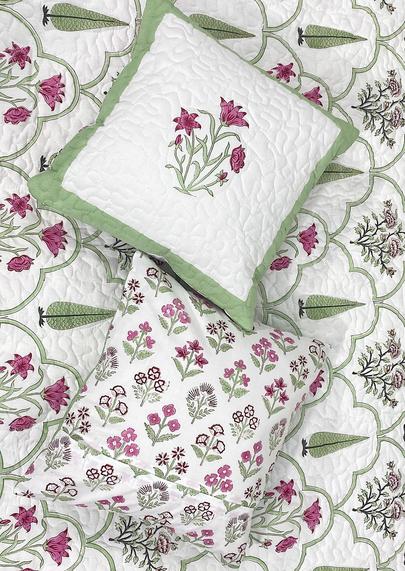 Pink & Green Amelia Floral Handblock Printed Reversible Quilted Bedcover with Pillowcases and Cushion Covers