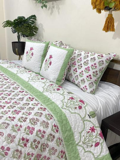 Pink & Green Amelia Floral Handblock Printed Reversible Quilted Bedcover with Pillowcases and Cushion Covers