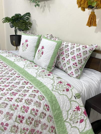 Pink & Green Amelia Floral Handblock Printed Reversible Quilted Bedcover with Pillowcases and Cushion Covers