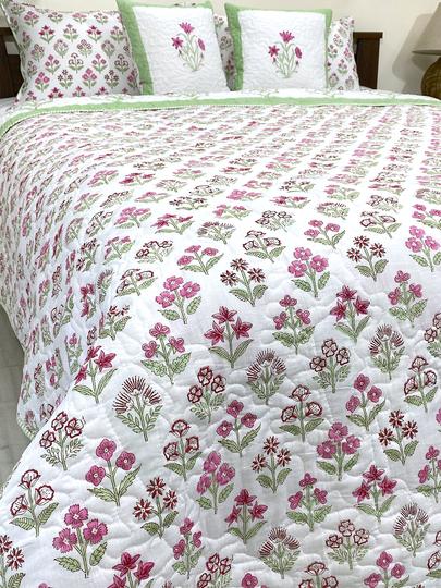 Pink & Green Amelia Floral Handblock Printed Reversible Quilted Bedcover with Pillowcases and Cushion Covers