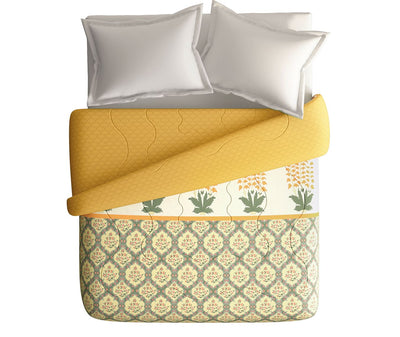 Traditional Yellow & Green Motif Double Size Comforter (100% Cotton, Reversible)