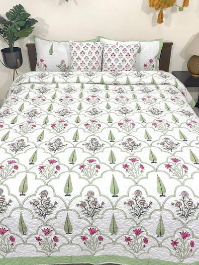 Pink & Green Amelia Floral Handblock Printed Reversible Quilted Bedcover with Pillowcases and Cushion Covers