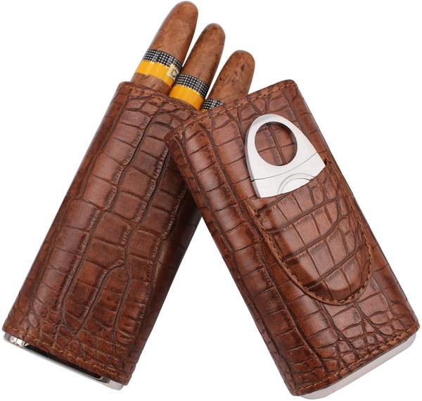 VINTAGE STYLE CROCODILE PATTERN LEATHER CIGAR CASE WITH CUTTER