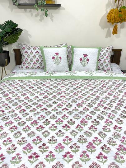 Pink & Green Amelia Floral Handblock Printed Reversible Quilted Bedcover with Pillowcases and Cushion Covers