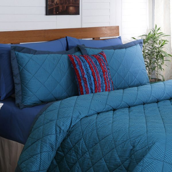 Houndstooth Print Blue 6 Pcs Double Quilt Set