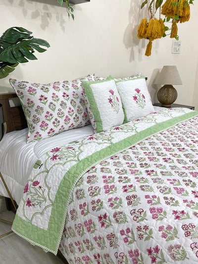 Pink & Green Amelia Floral Handblock Printed Reversible Quilted Bedcover with Pillowcases and Cushion Covers