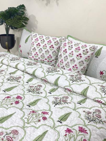 Pink & Green Amelia Floral Handblock Printed Reversible Quilted Bedcover with Pillowcases and Cushion Covers