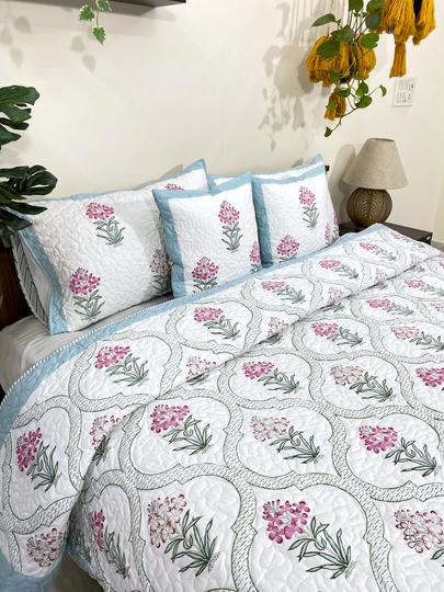 Pink & Green Mandevilla Reversible Quilted Bedcover with Pillow Cases & Cushion Covers