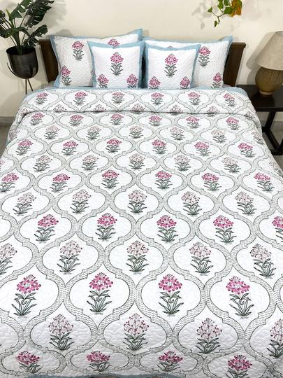 Pink & Green Mandevilla Reversible Quilted Bedcover with Pillow Cases & Cushion Covers