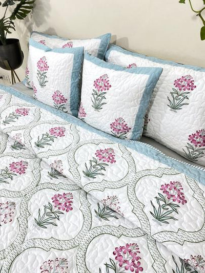 Pink & Green Mandevilla Reversible Quilted Bedcover with Pillow Cases & Cushion Covers