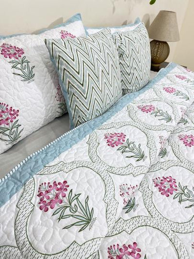 Pink & Green Mandevilla Reversible Quilted Bedcover with Pillow Cases & Cushion Covers