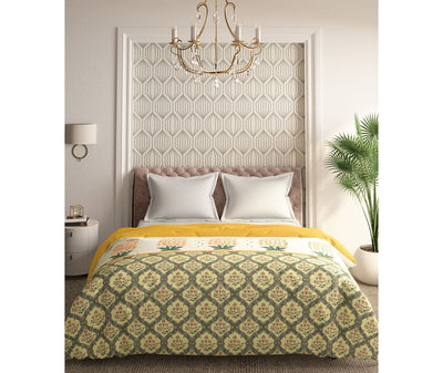 Traditional Yellow & Green Motif Double Size Comforter (100% Cotton, Reversible)