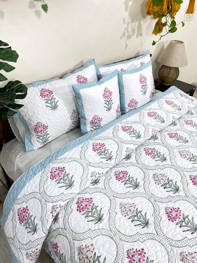 Pink & Green Mandevilla Reversible Quilted Bedcover with Pillow Cases & Cushion Covers