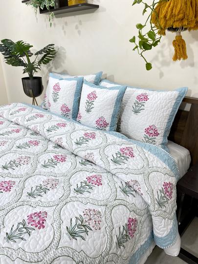 Pink & Green Mandevilla Reversible Quilted Bedcover with Pillow Cases & Cushion Covers