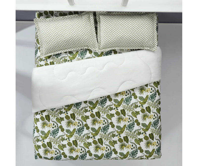 Tropical Green Nature Print King Size Comforter (100% Cotton, Reversible White Back)