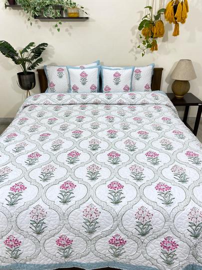 Pink & Green Mandevilla Reversible Quilted Bedcover with Pillow Cases & Cushion Covers