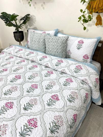 Pink & Green Mandevilla Reversible Quilted Bedcover with Pillow Cases & Cushion Covers