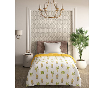 Yellow & White Tree Printed Single Size Comforter (100% Cotton, Reversible)