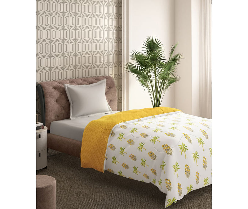 Yellow & White Tree Printed Single Size Comforter (100% Cotton, Reversible)