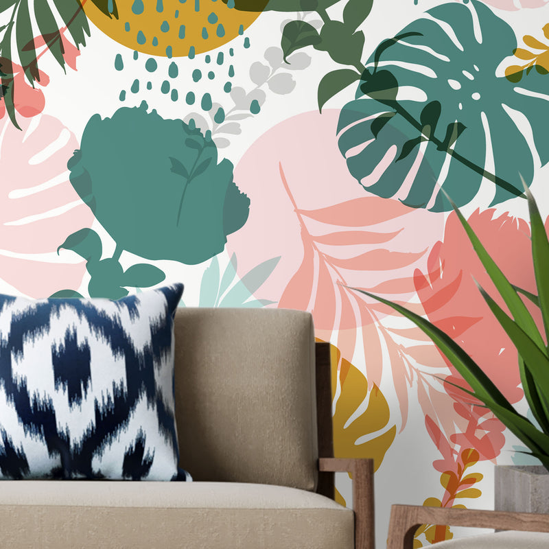 Monstera and Roses print – Mural Wallpaper, PVC Free, Non-Toxic