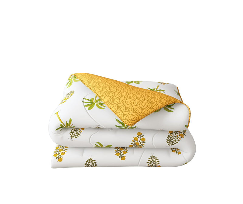 Yellow & White Tree Printed Single Size Comforter (100% Cotton, Reversible)