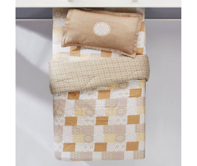 Sand-Hued Checkered Print Single Size Comforter (100% Cotton, Reversible)