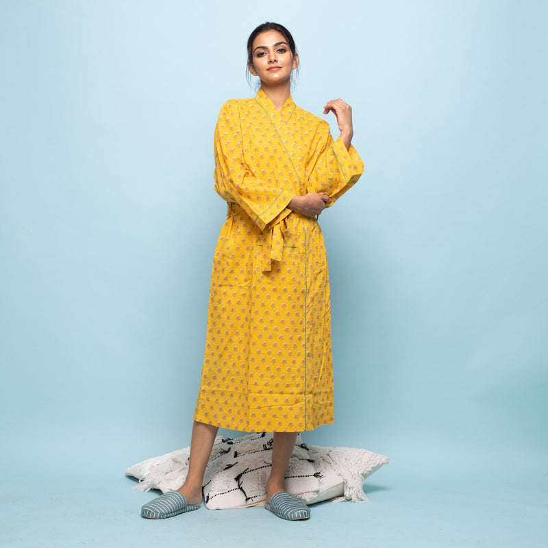 YELLOW COTTON HAND PRINTED BATHROBE