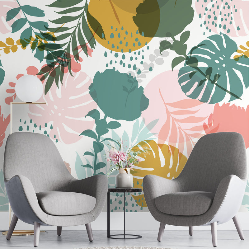 Monstera and Roses print – Mural Wallpaper, PVC Free, Non-Toxic