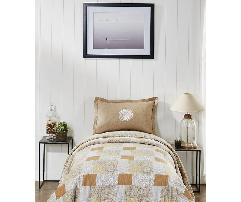 Sand-Hued Checkered Print Single Size Comforter (100% Cotton, Reversible)