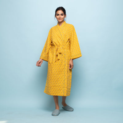 YELLOW COTTON HAND PRINTED BATHROBE