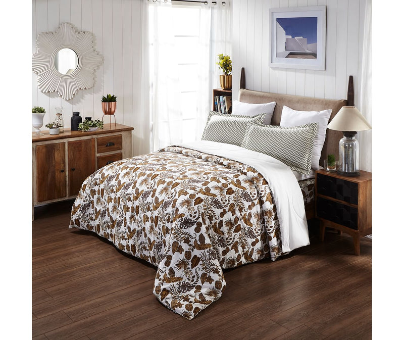 Tropical Brown Nature Print King Size Comforter (100% Cotton, Reversible White Back)