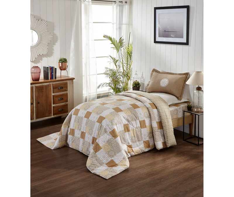 Sand-Hued Checkered Print Single Size Comforter (100% Cotton, Reversible)