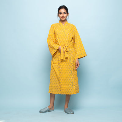 YELLOW COTTON HAND PRINTED BATHROBE