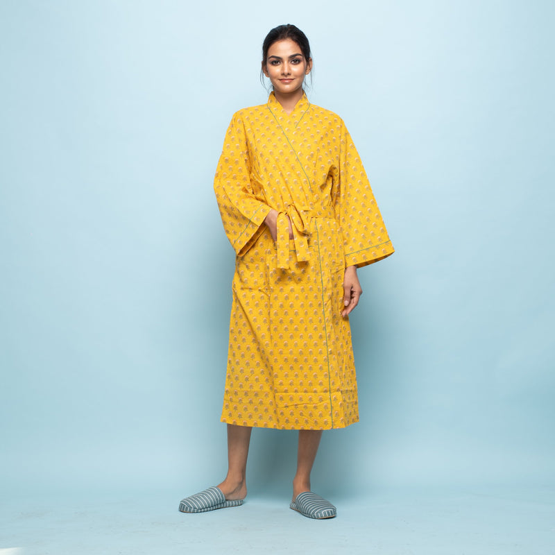 YELLOW COTTON HAND PRINTED BATHROBE