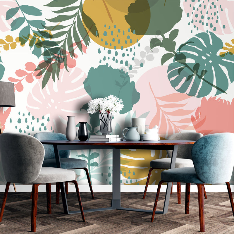 Monstera and Roses print – Mural Wallpaper, PVC Free, Non-Toxic