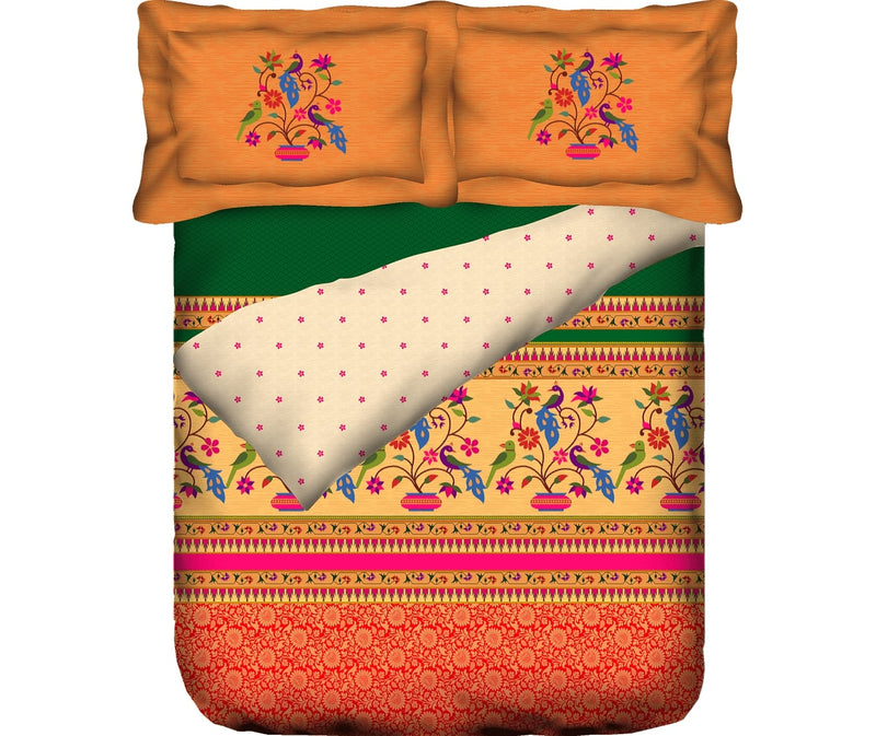 Stunning Multi-Coloured Peacock Print Bedcover With 2 Pillow Covers (100% Cotton, Super King Size)