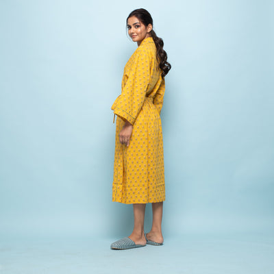 YELLOW COTTON HAND PRINTED BATHROBE