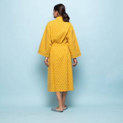 YELLOW COTTON HAND PRINTED BATHROBE