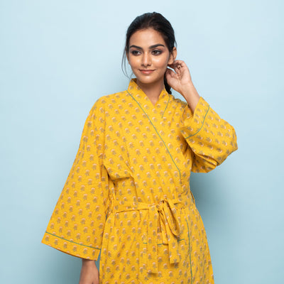 YELLOW COTTON HAND PRINTED BATHROBE