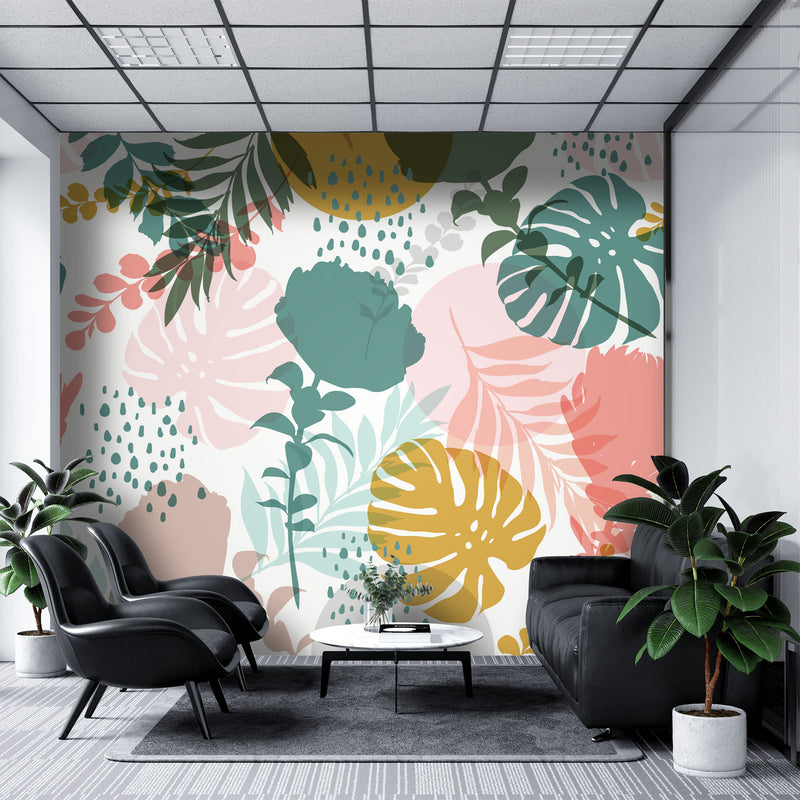 Monstera and Roses print – Mural Wallpaper, PVC Free, Non-Toxic