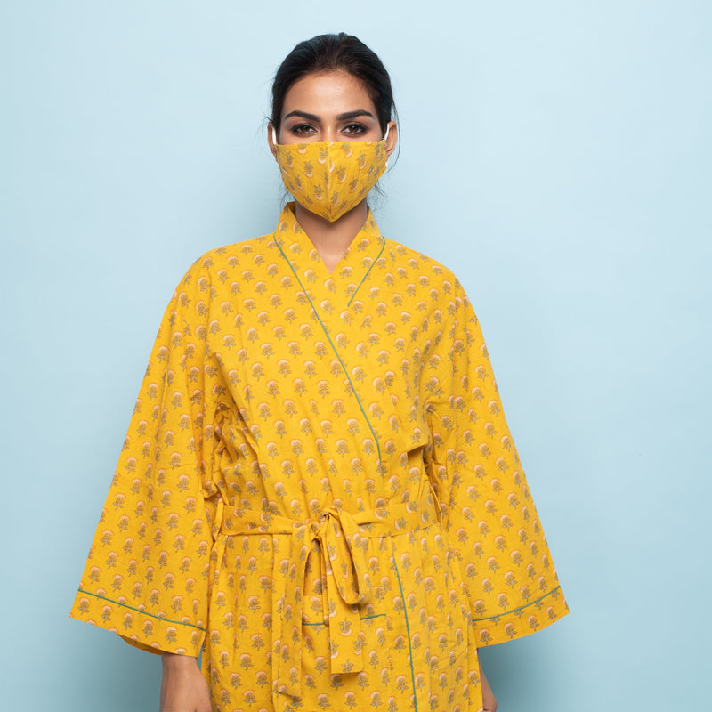 YELLOW COTTON HAND PRINTED BATHROBE