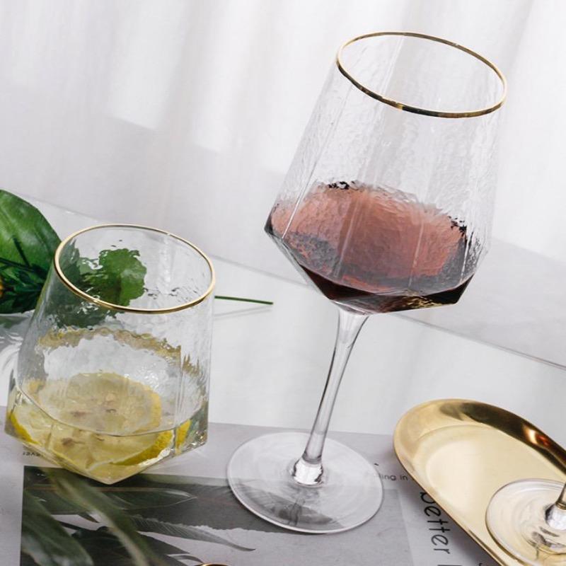 HEXAGONAL STEM GLASS WITH GOLD RIM - SET OF 2