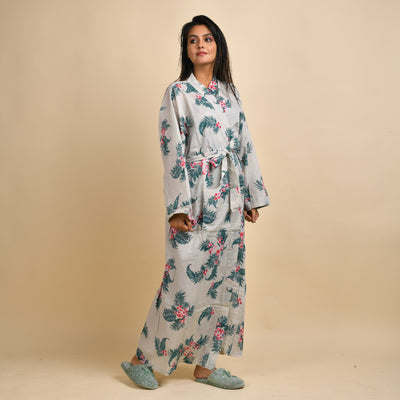 HAND PRINTED LEAF COTTON BATHROBE