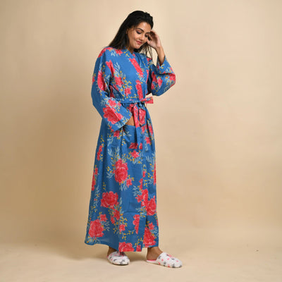 BLUE PURE COTTON HAND PRINTED BATHROBE