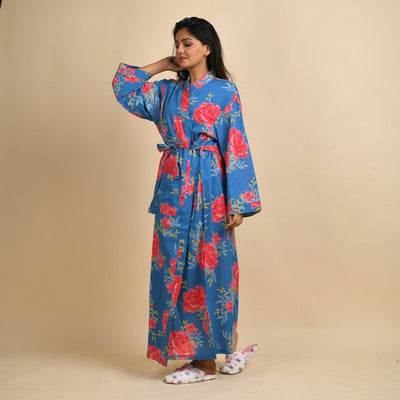 BLUE PURE COTTON HAND PRINTED BATHROBE