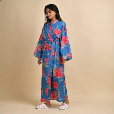 BLUE PURE COTTON HAND PRINTED BATHROBE