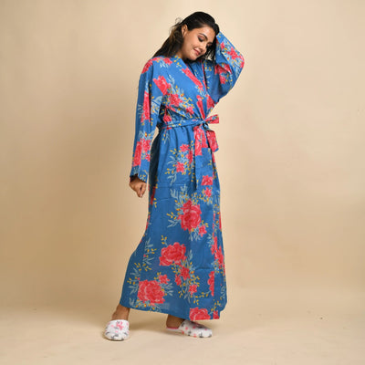 BLUE PURE COTTON HAND PRINTED BATHROBE