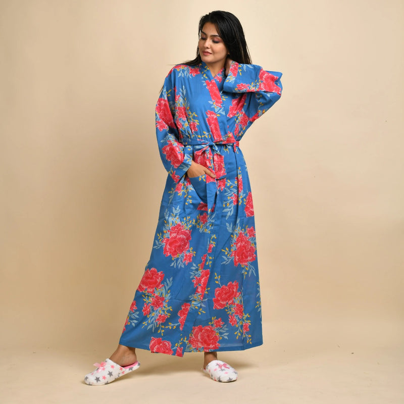 BLUE PURE COTTON HAND PRINTED BATHROBE