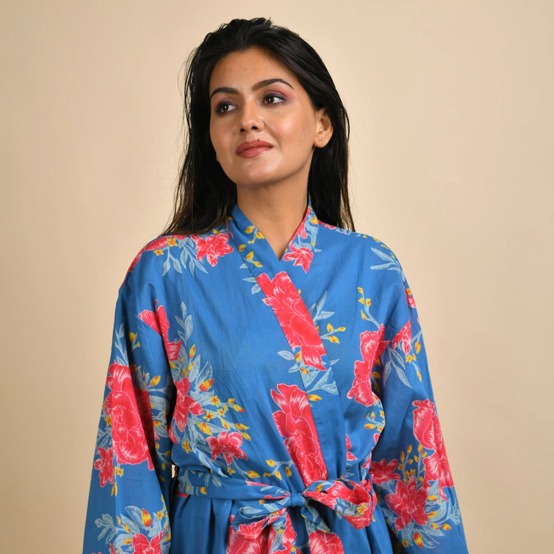 BLUE PURE COTTON HAND PRINTED BATHROBE